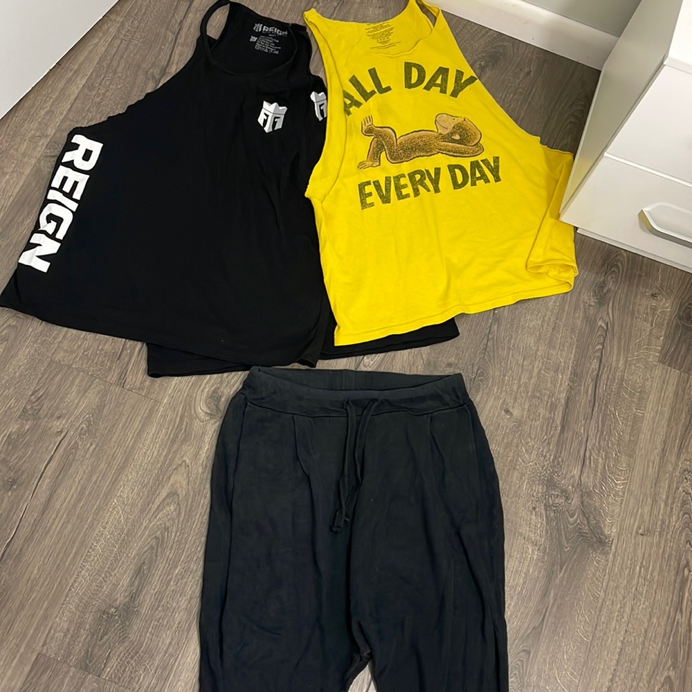 Two Reign Tank Pop Men 💯 cotton  Size L and Zara all in motion pants Size L